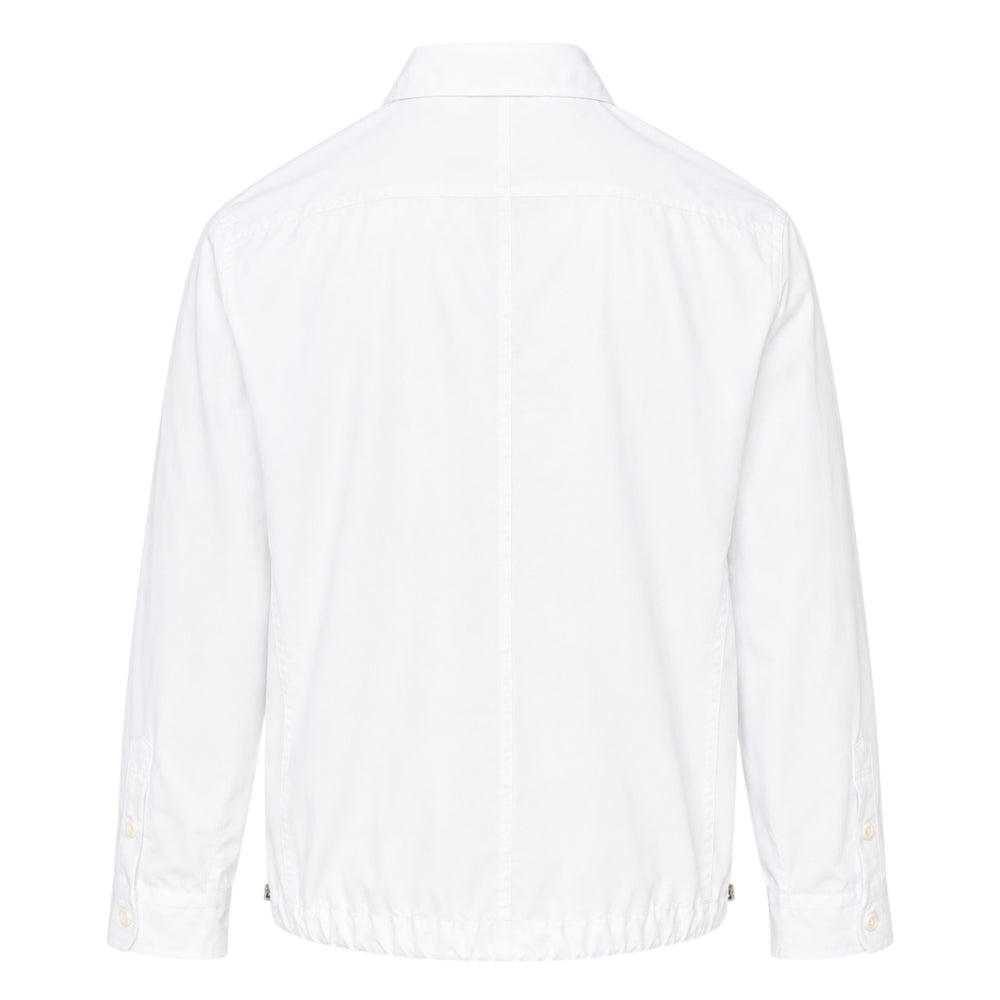 sacai Long Sleeve Poplin Shirt in white with cream button-front fastening, chest patch pocket, two lower patch pockets, and elasticated hem with metal eyelet detail