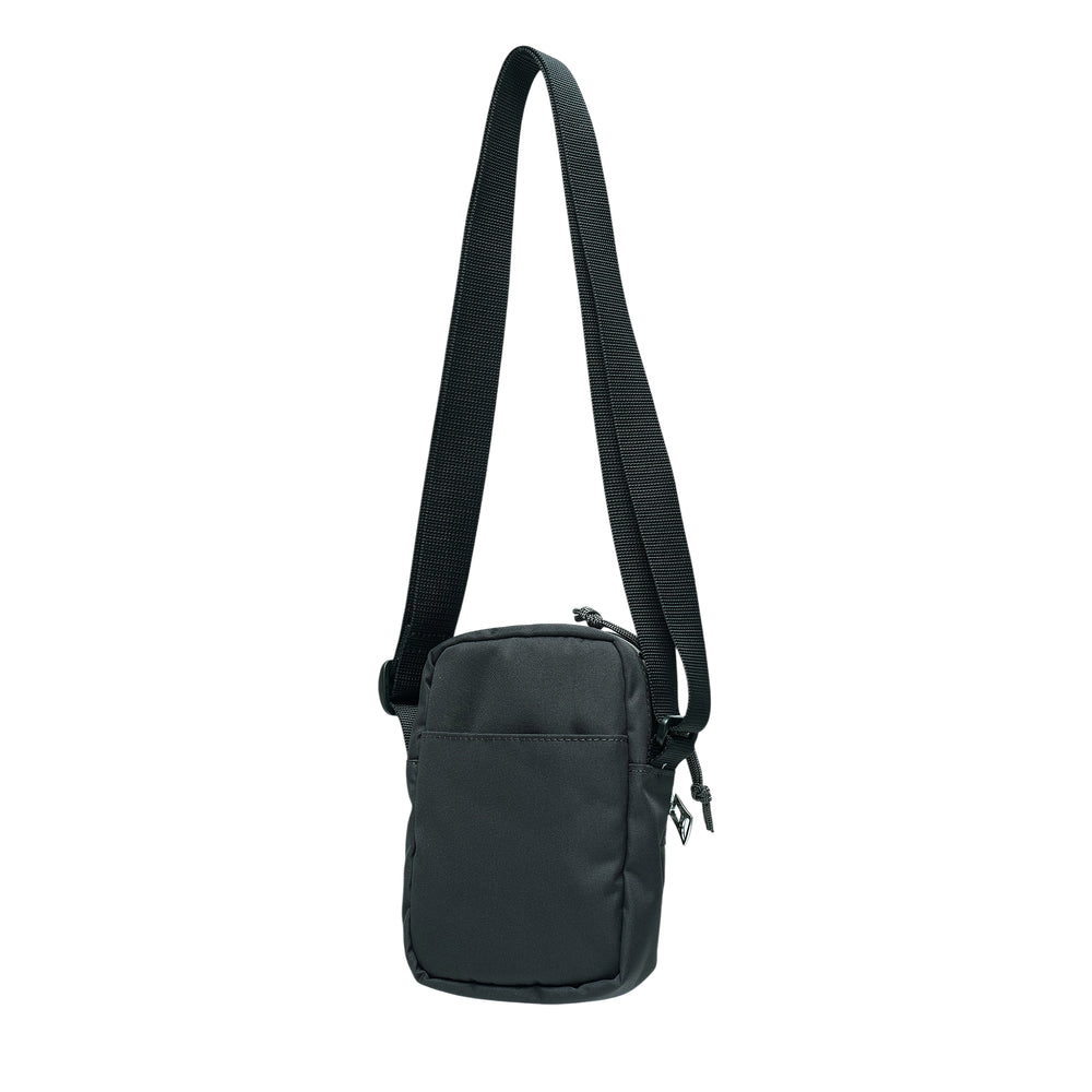 sacai Pocket Pouch mini crossbody bag in dark khaki nylon with multi-zip front compartments, contrast hardware, and adjustable woven strap