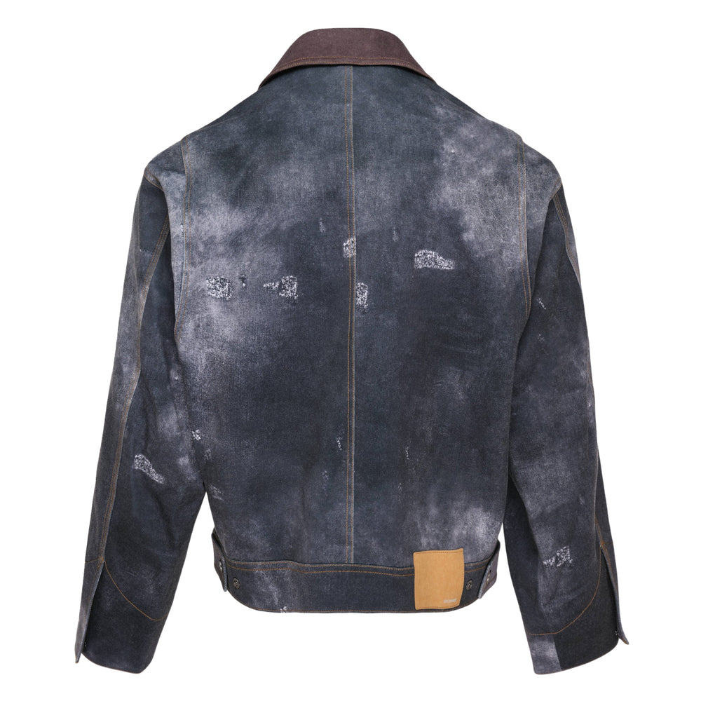 We11done Black Trompe L'Oeil Denim Jacket with contrast brown corduroy collar, centre-front zip, chest zip pocket, and heavily distressed paint-worn finish throughout