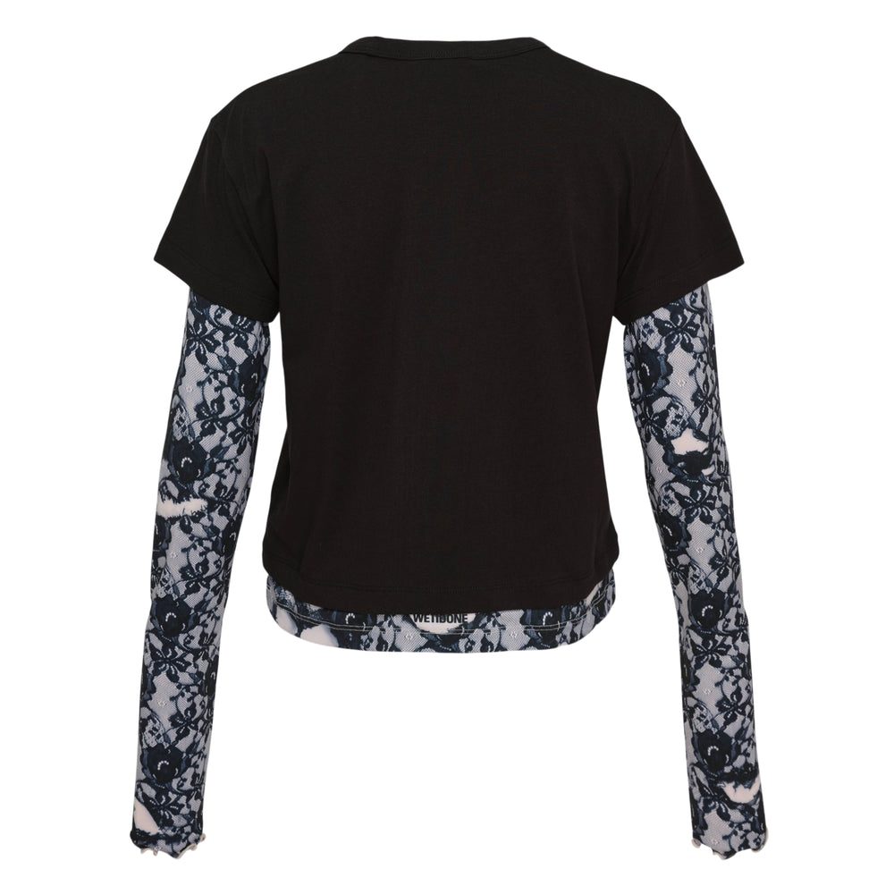 We11done Layered Lace Print Tee in black, featuring a cotton short-sleeve body with attached semi-sheer navy floral lace long sleeves and lettuce-edge cuffs