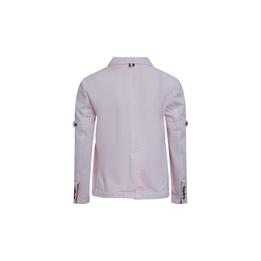 Thom Browne pale pink cropped sack jacket with patch pockets, tortoiseshell buttons, rollable sleeves with button tab, and notch lapel collar, displayed flat on a white background - view 2