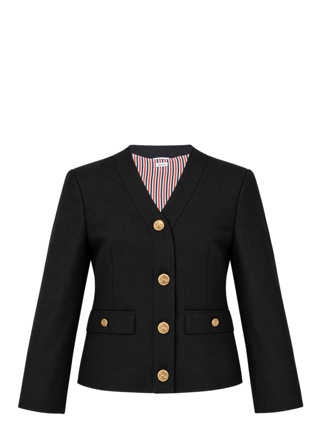 Thom Browne black V-neck cardigan jacket with gold-tone buttons, flap pockets and red, white and blue striped lining