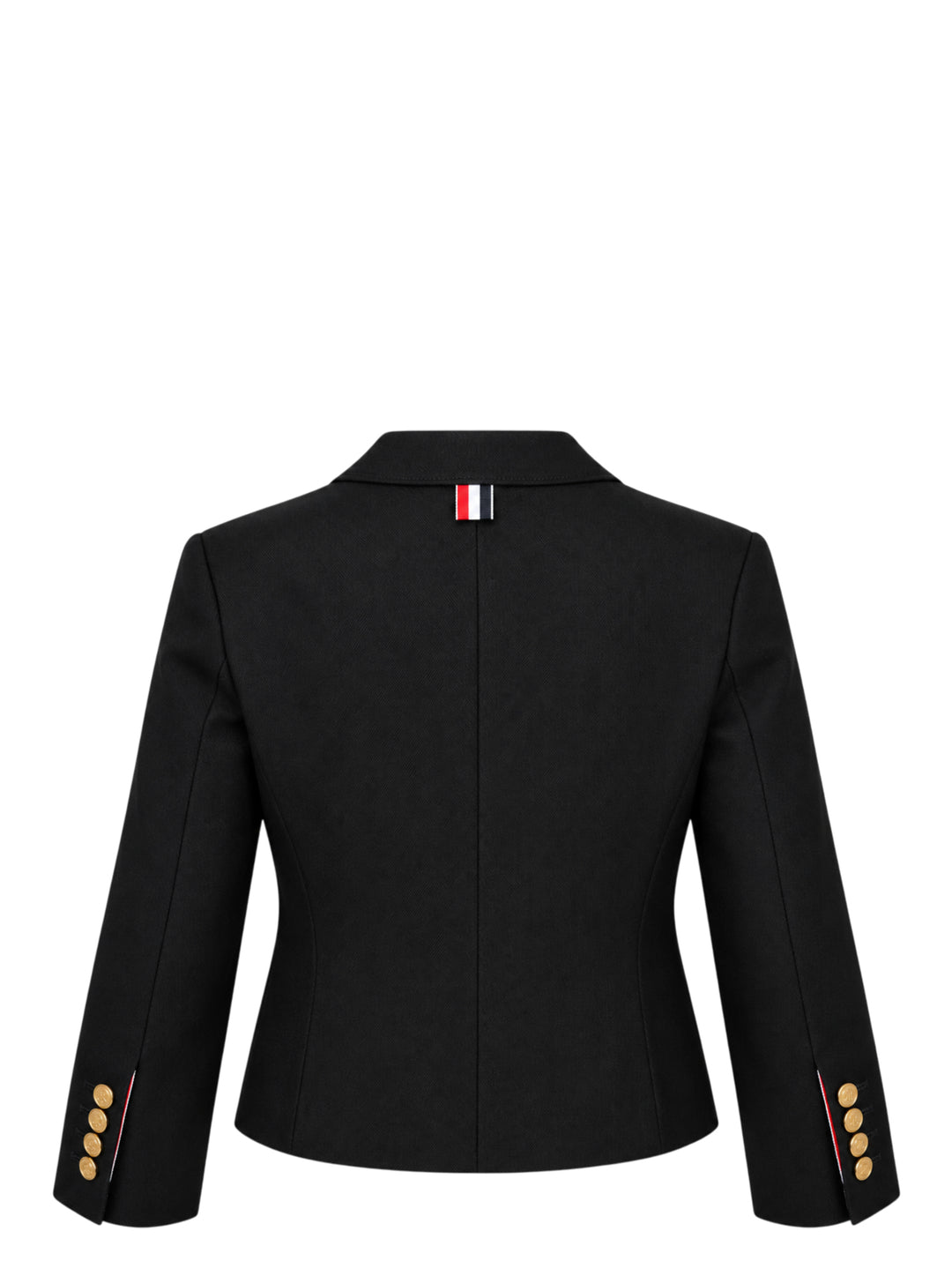 Thom Browne black V-neck cardigan jacket with gold-tone buttons, flap pockets and red, white and blue striped lining - view 2