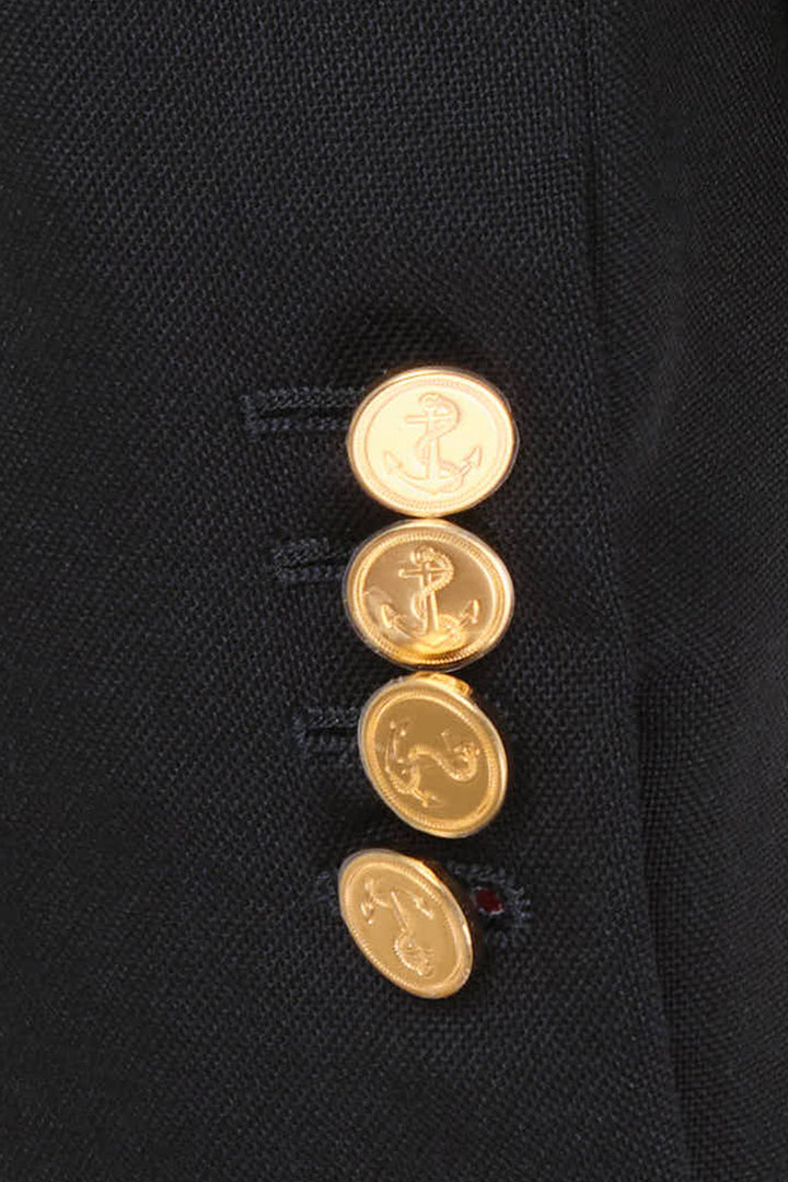 Thom Browne black V-neck cardigan jacket with gold-tone buttons, flap pockets and red, white and blue striped lining - view 4