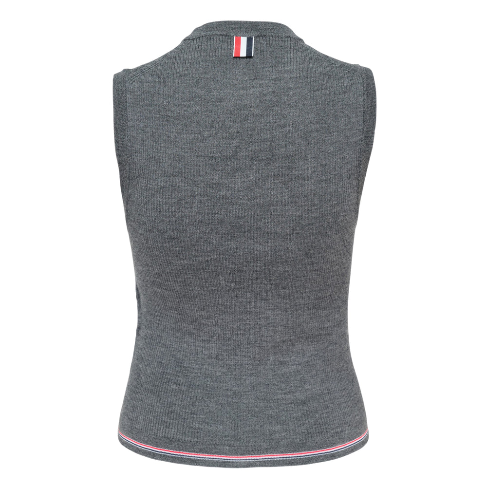 Thom Browne medium grey merino wool rib stitch sleeveless shell top with mock neckline and red, white, and blue striped hem tipping, front view - view 2