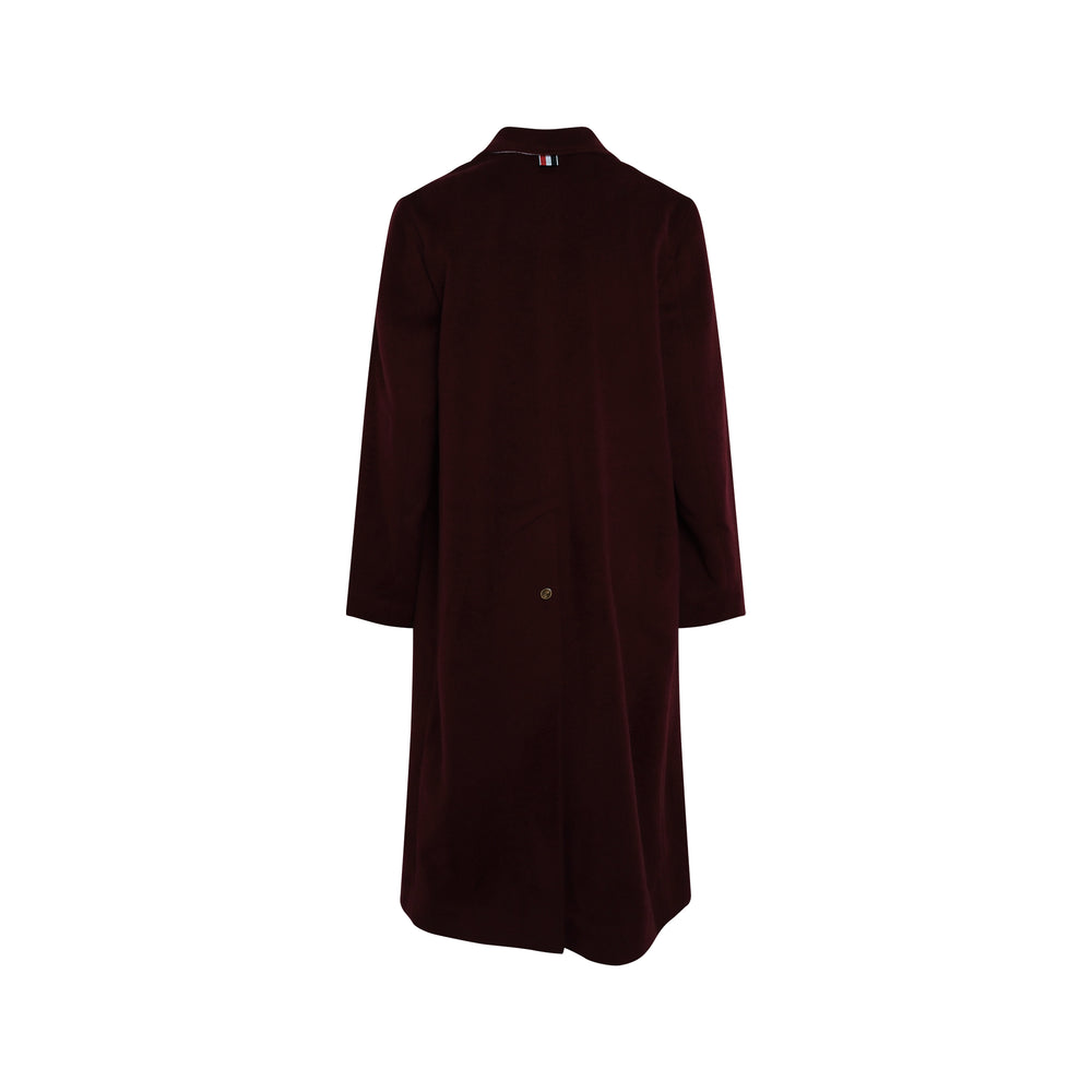 Thom Browne Low Break Patch Pocket Bell Sleeve Coat in deep burgundy with gold-tone embossed buttons, flared sleeves, and striped grosgrain trim at the collar - view 2