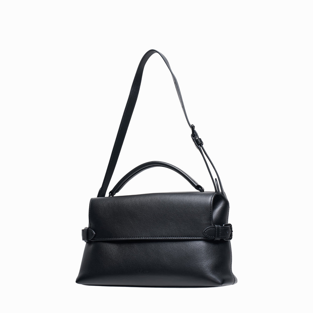 Mulberry Stevie Small Top Handle Bag in smooth black leather with tonal gunmetal postman's lock closure, short top handle, and adjustable crossbody strap, shown on a white background - view 2