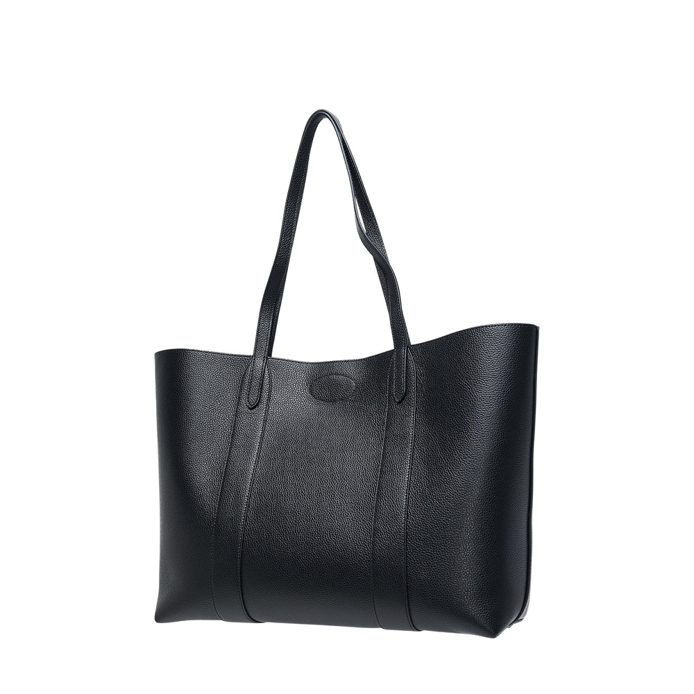 Mulberry Bayswater Small Classic Tote in black pebbled leather with gold postman's lock hardware and twin shoulder straps, photographed on a white background