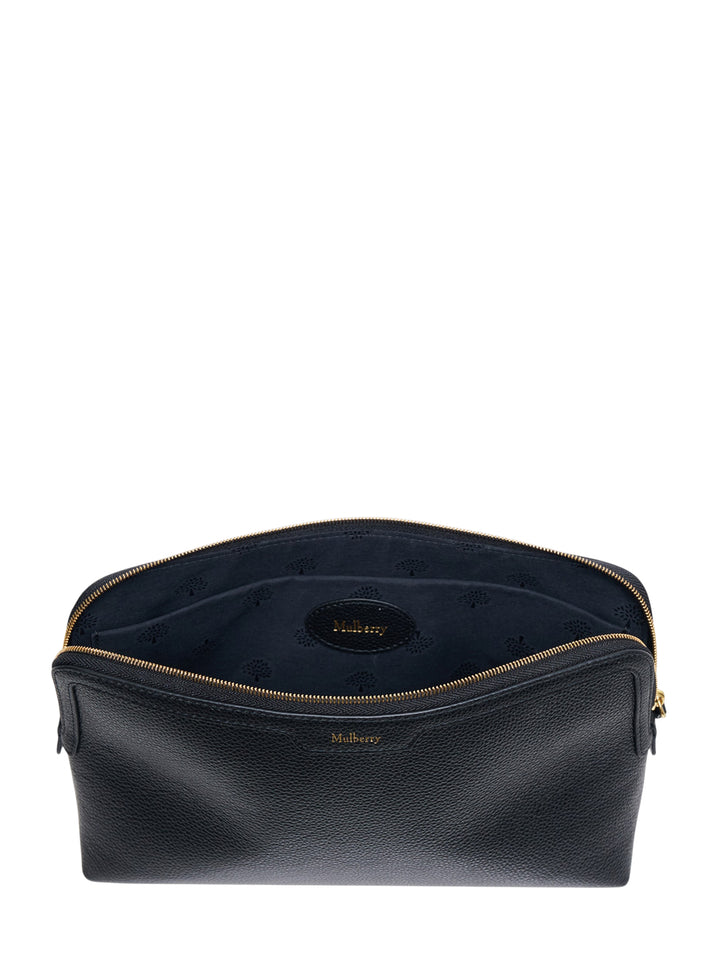 Mulberry Medium Leather Cosmetic Pouch in black pebbled grain leather with gold-tone zip hardware and embossed logo, front view - view 3