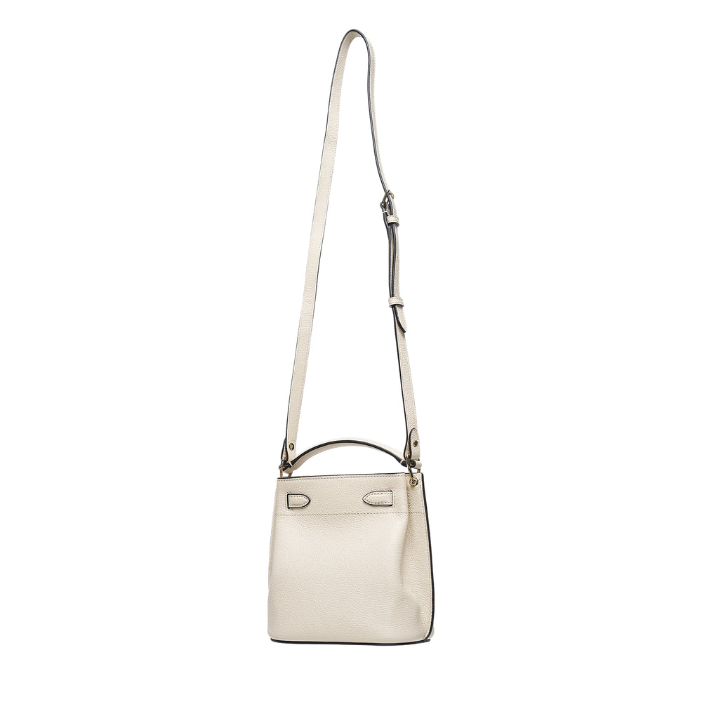 Mulberry Mini Islington Bucket Bag in cream pebbled leather with gold-tone twist-lock closure, short top handle, and adjustable crossbody strap