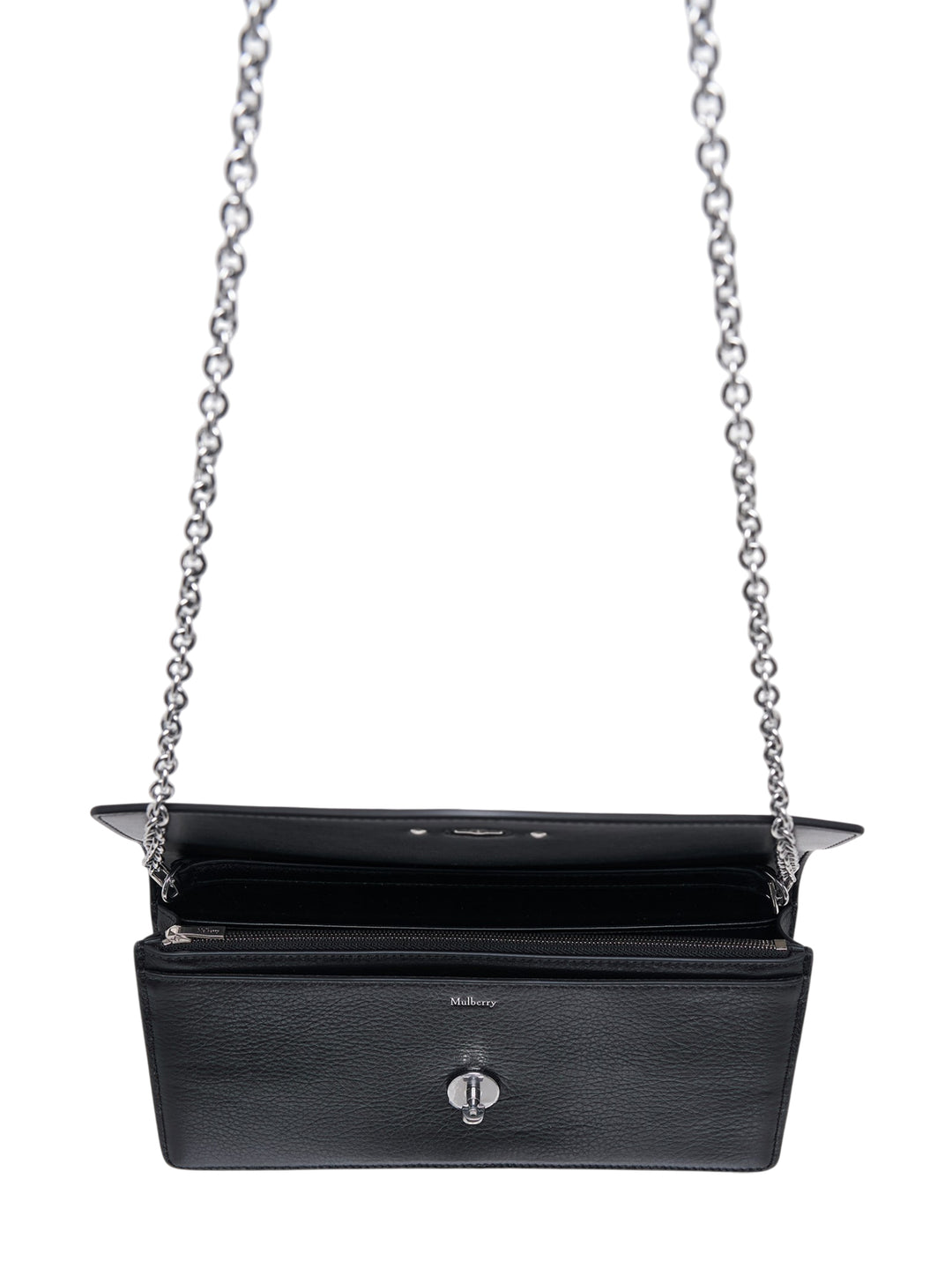 Mulberry Darley clutch in black high shine leather with silver-tone postman's lock and chain strap - view 4