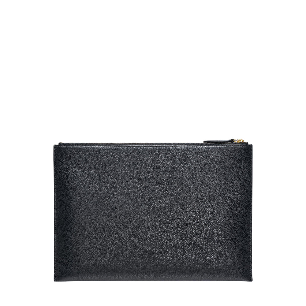 Mulberry Zipped Flat Pouch in black pebbled leather with gold-tone zip closure and embossed Mulberry logo, front view on white background
