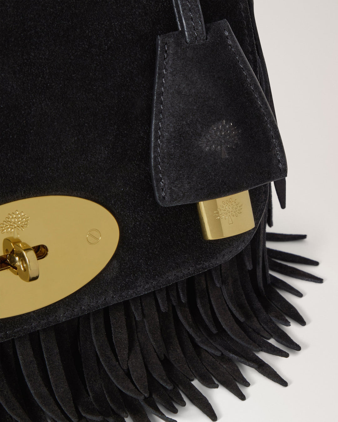 Mulberry Lily small shoulder bag in black suede with fringe trim, gold-tone Postman's Lock and leather-woven chain strap - view 4