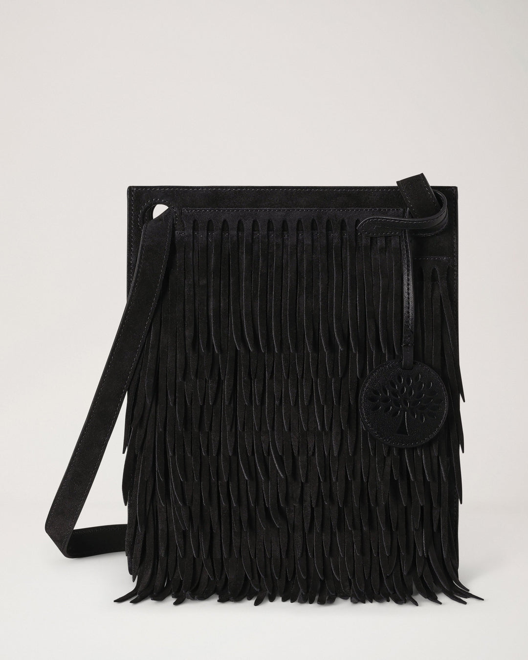 Mulberry Mini Soft Tote in black suede with layered fringing, adjustable shoulder strap and a Tree charm