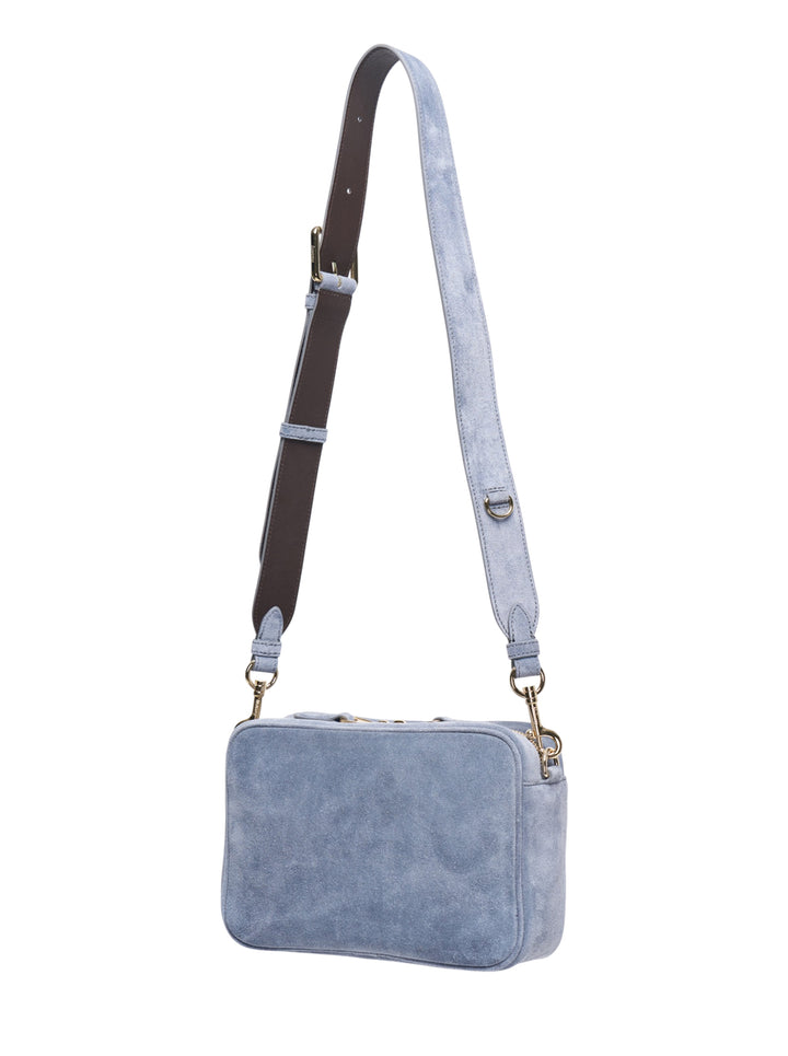 Mulberry Darley Camera Bag in dusty blue suede with gold-tone postman's lock closure and long adjustable crossbody strap - view 2