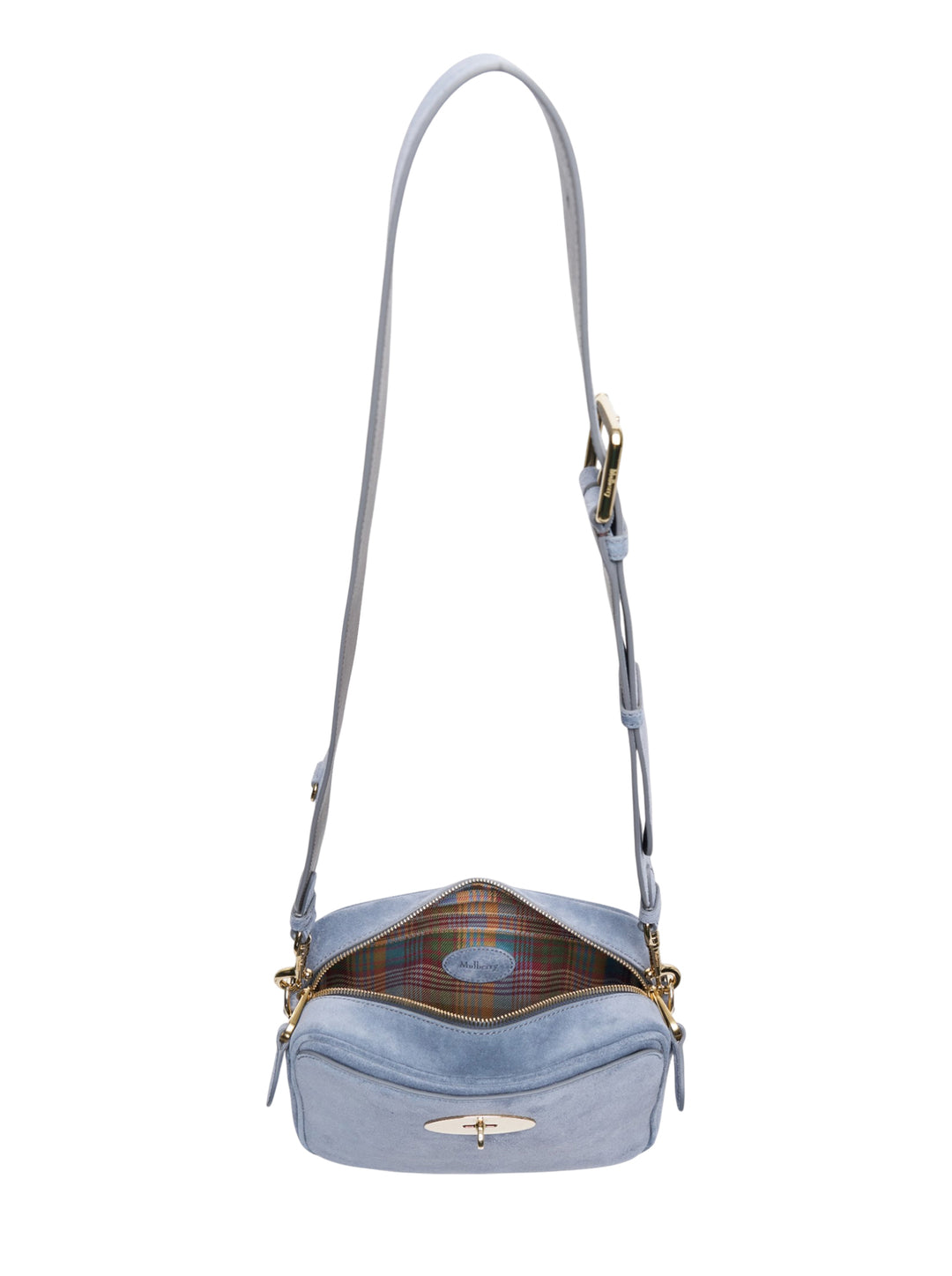 Mulberry Darley Camera Bag in dusty blue suede with gold-tone postman's lock closure and long adjustable crossbody strap - view 3