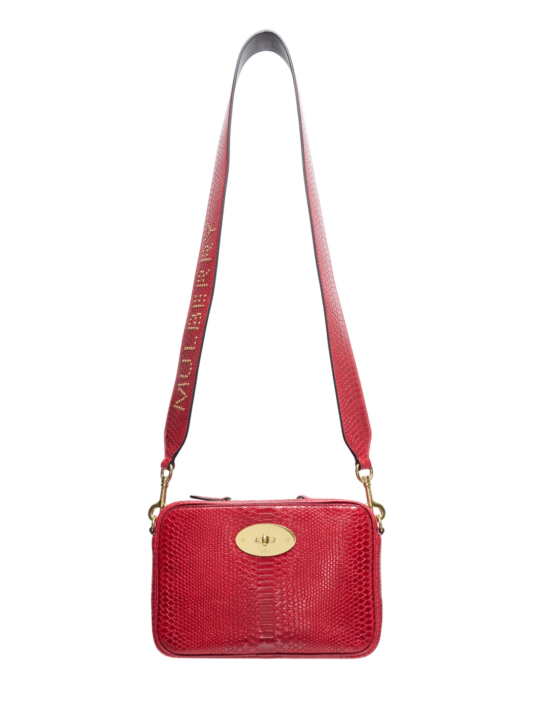 Mulberry Darley Camera Bag in red snake-embossed leather with gold Postman's Lock closure and adjustable crossbody strap with gold stud branding