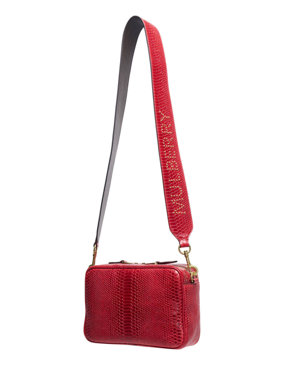 Mulberry Darley Camera Bag in red snake-embossed leather with gold Postman's Lock closure and adjustable crossbody strap with gold stud branding - view 2