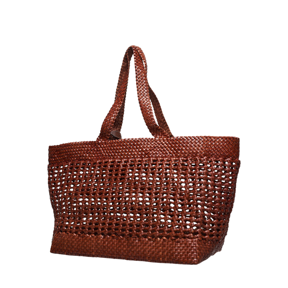Mulberry Large Woven Leather Tote in cognac brown open-lattice leather with braided handles and a circular Mulberry tree charm in blush leather