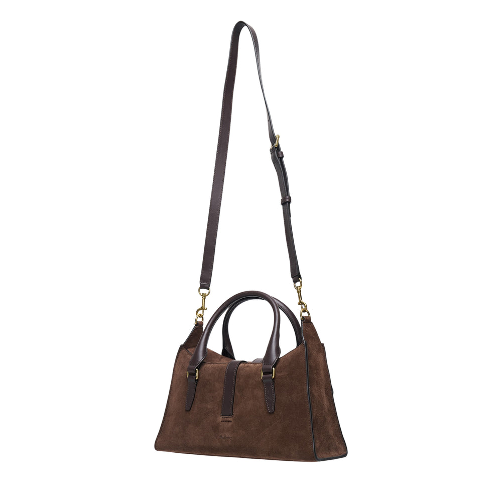 Mulberry Small Roxanne bag in brown suede with dual front buckle pockets, rolled leather top handles, and a detachable adjustable crossbody strap with gold-tone hardware