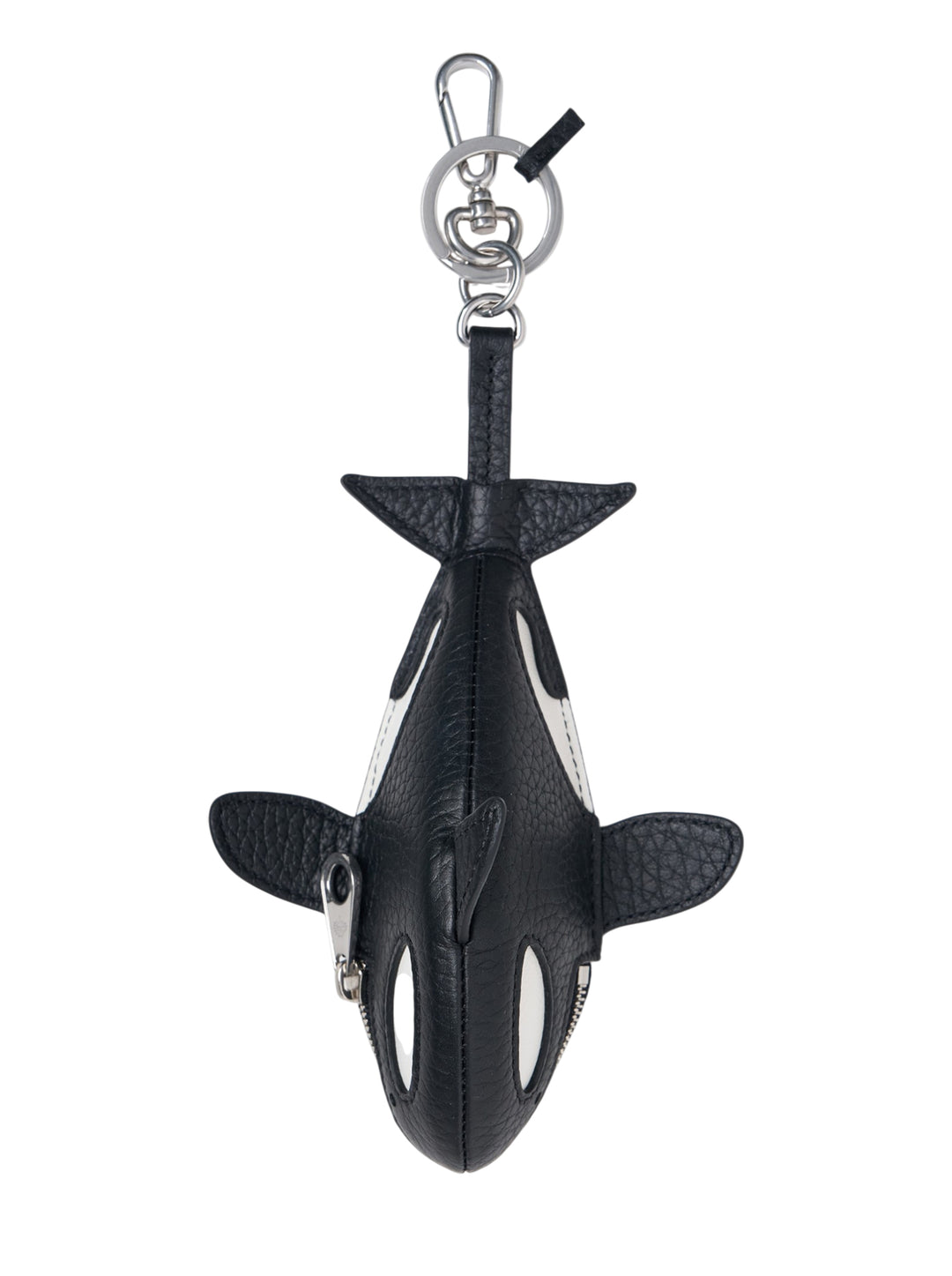 Mulberry Orca Zipped Case Keyring in black and white pebbled leather, shown hanging from a silver-tone swivel clip, with sculpted fins and a zip-fastened interior pouch