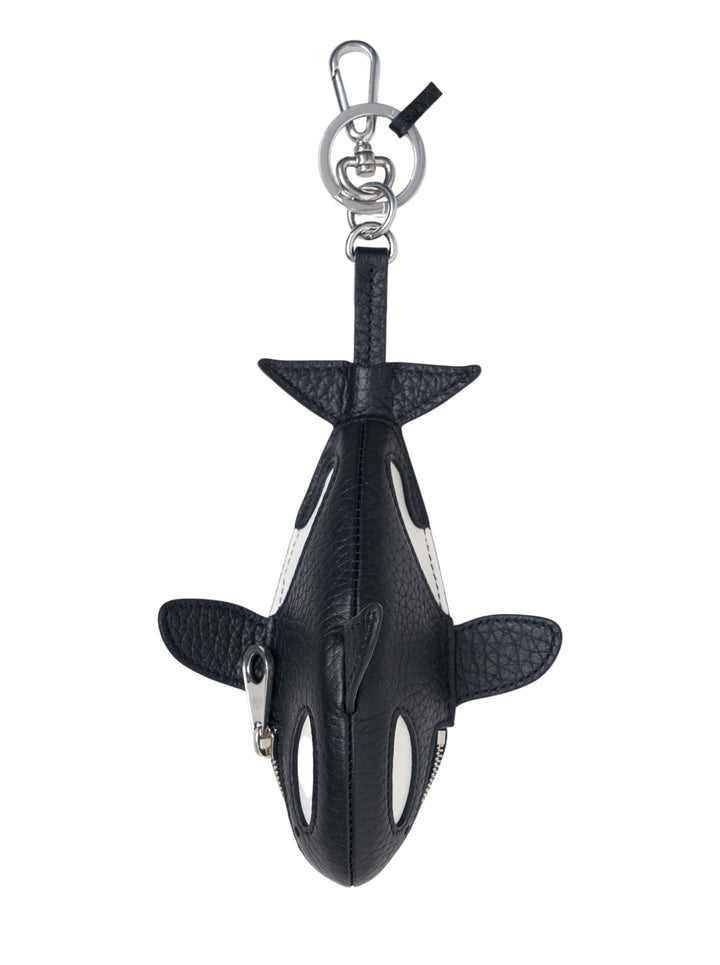 Mulberry Orca Zipped Case Keyring in black and white pebbled leather, shown hanging from a silver-tone swivel clip, with sculpted fins and a zip-fastened interior pouch