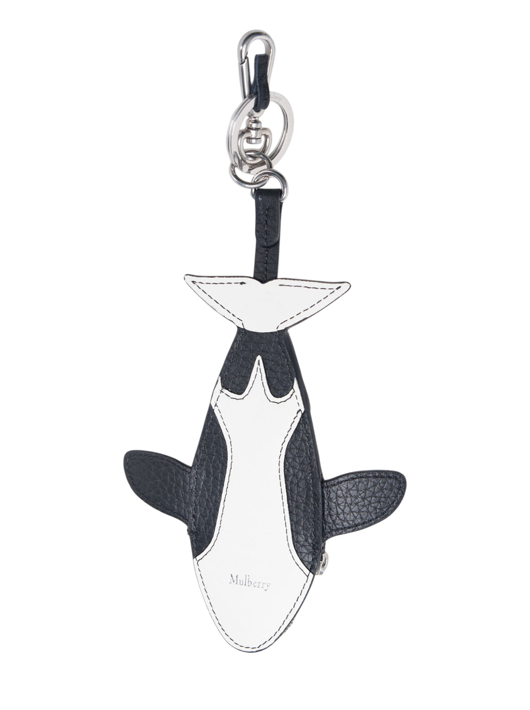 Mulberry Orca Zipped Case Keyring in black and white pebbled leather, shown hanging from a silver-tone swivel clip, with sculpted fins and a zip-fastened interior pouch - view 2