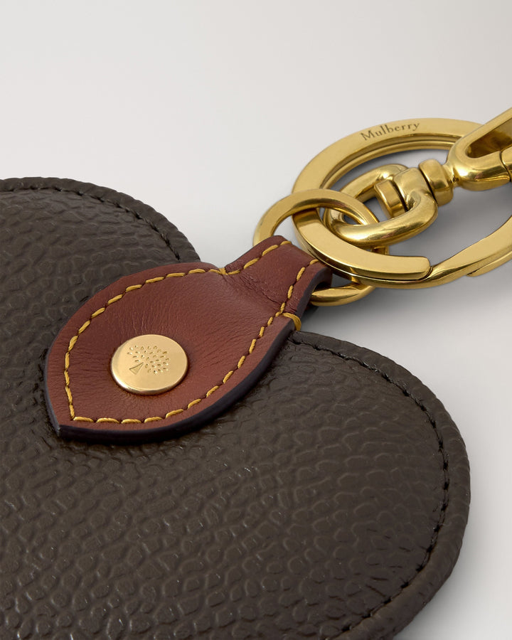 Mulberry heart-shaped keyring in dark brown Scotchgrain leather with a tan leather tab, gold-tone tree stud and swivel clip - view 2