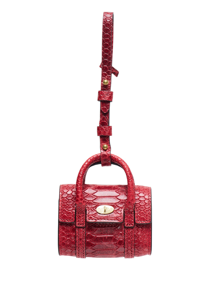 Mulberry Mini Bayswater Snake Charm keyring in red snake-embossed leather with gold-tone turn-lock clasp and adjustable attachment strap
