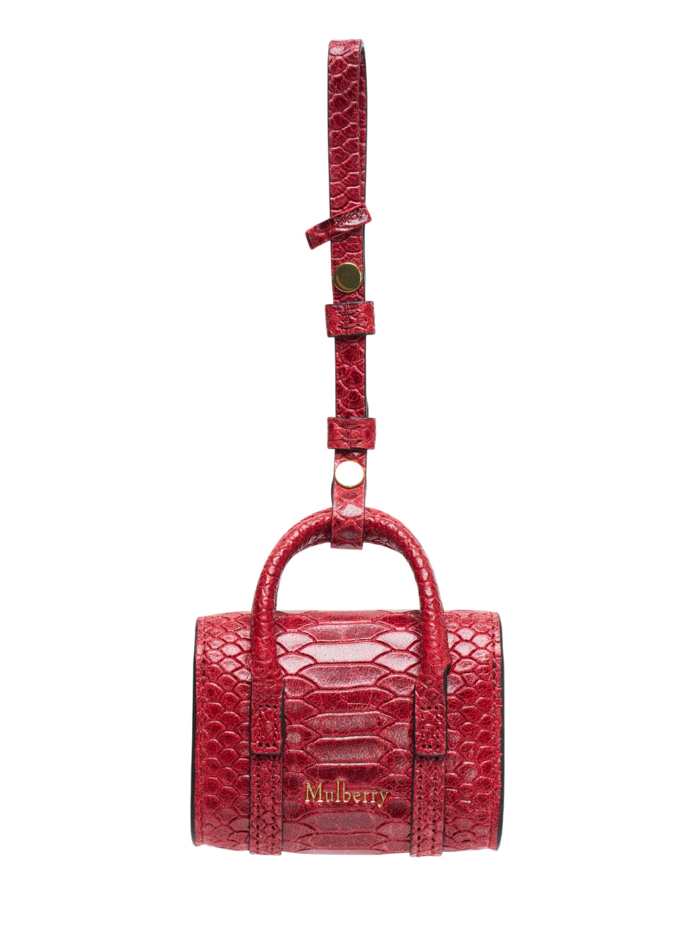 Mulberry Mini Bayswater Snake Charm keyring in red snake-embossed leather with gold-tone turn-lock clasp and adjustable attachment strap - view 2