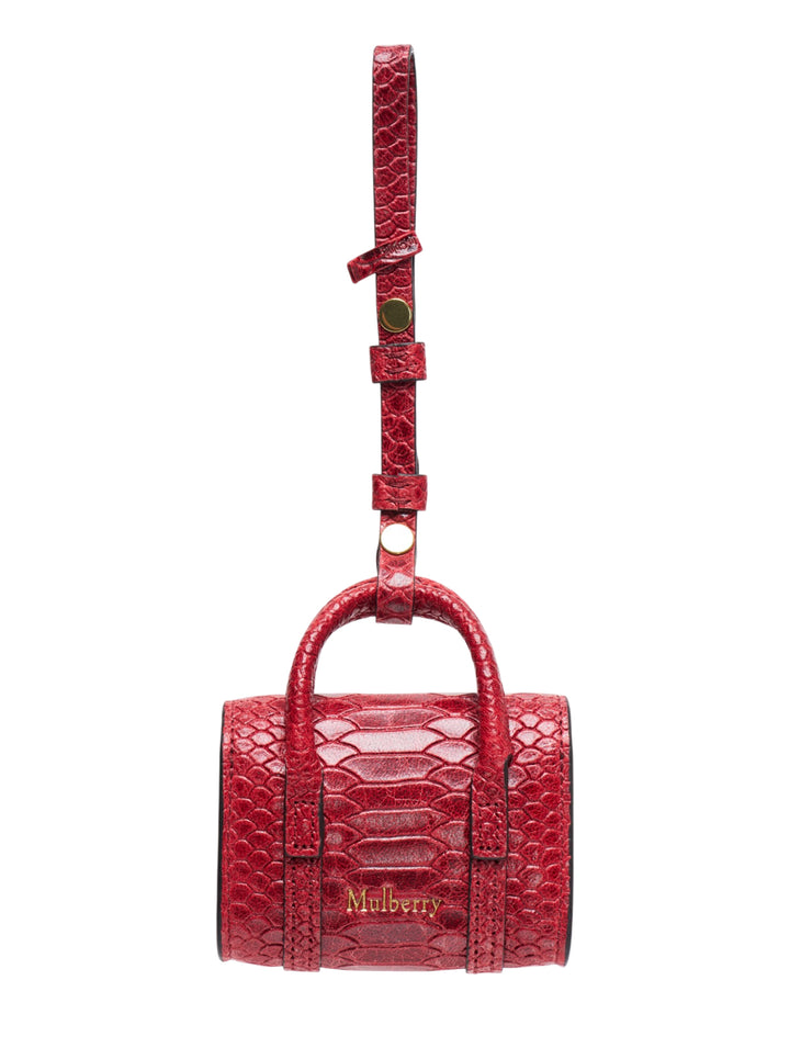 Mulberry Mini Bayswater Snake Charm keyring in red snake-embossed leather with gold-tone turn-lock clasp and adjustable attachment strap - view 2