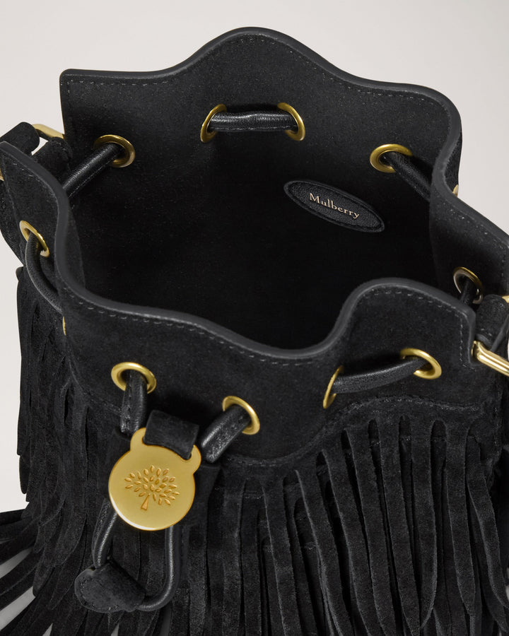 Mulberry mini black suede bucket bag with tiered fringe, gold-tone eyelets, drawstring closure with tree emblem toggle and adjustable crossbody strap - view 5