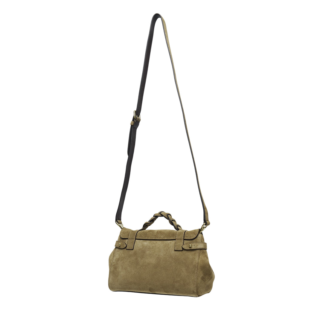 Mulberry Mini Alexa suede satchel in khaki tan with braided top handle, oval postman's lock, twin buckle straps, and a long adjustable crossbody strap, photographed on a white background