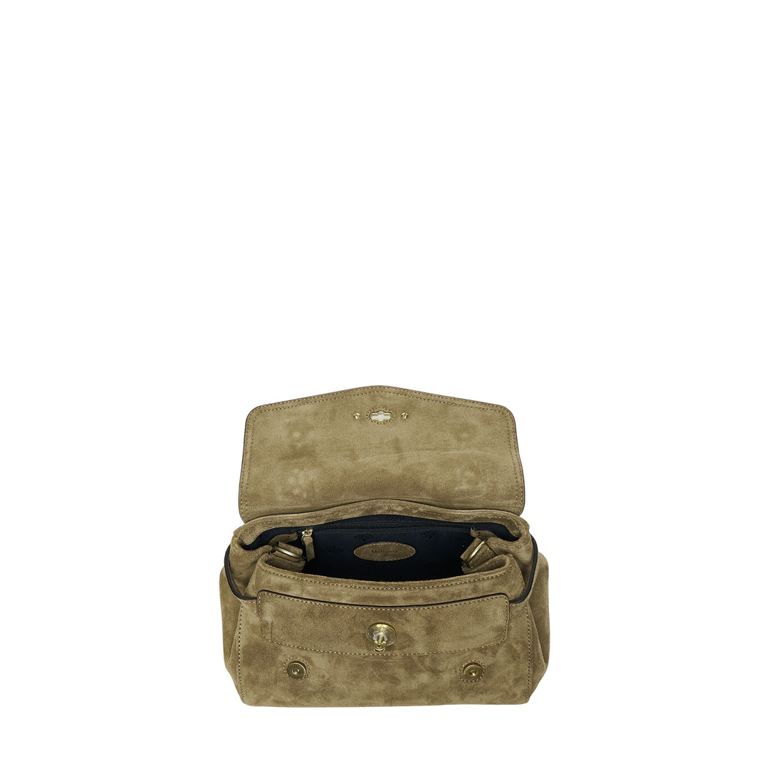 Mulberry Mini Alexa suede satchel in khaki tan with braided top handle, oval postman's lock, twin buckle straps, and a long adjustable crossbody strap, photographed on a white background