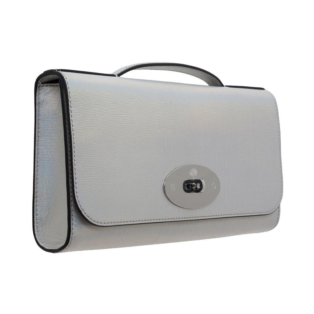 Mulberry Lily Clutch in iridescent metallic lizard-embossed leather with gunmetal oval Postman's Lock closure and structured top handle
