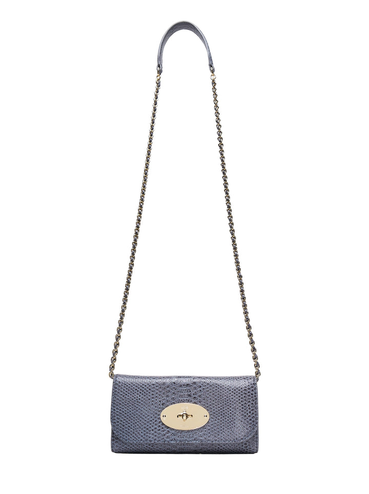 Mulberry Lily chain wallet in slate grey snake-embossed leather with gold-tone postman's lock and woven chain strap