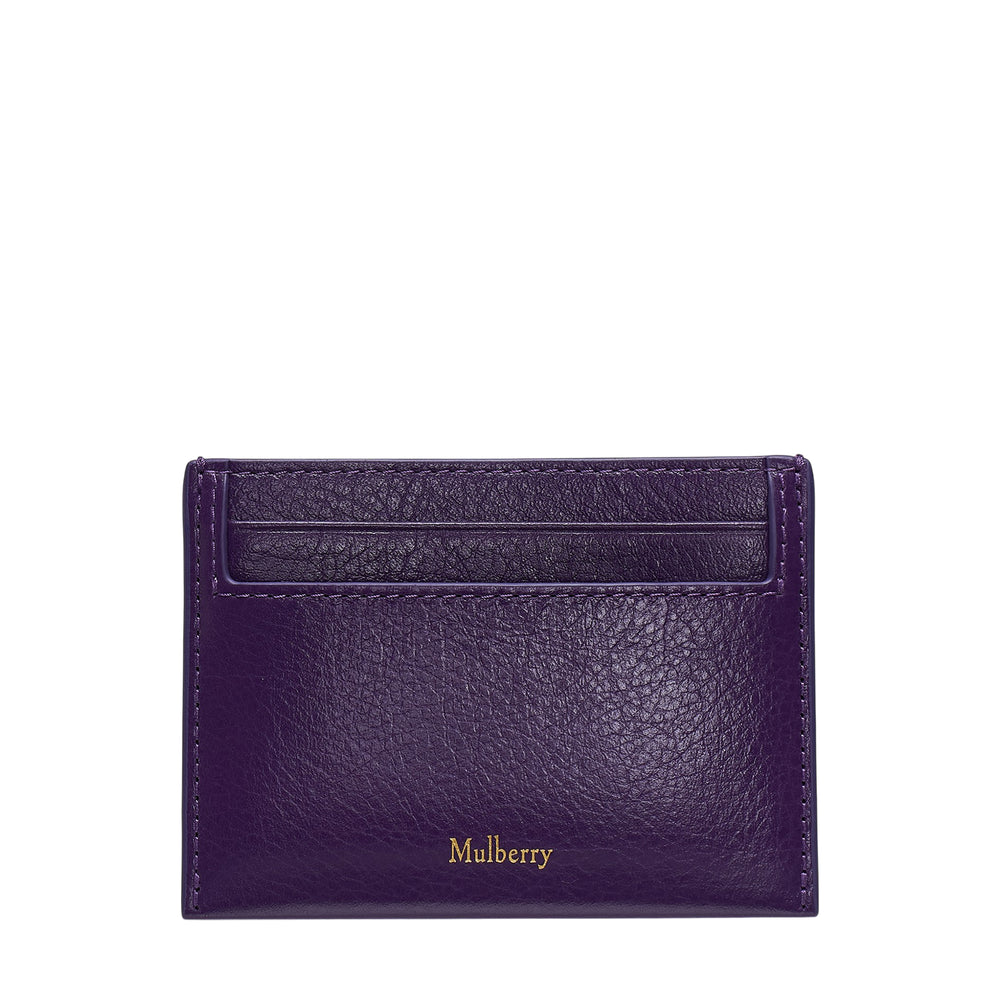 Mulberry Continental Card Slip in high-shine purple pebbled leather with multiple card slots and gold tree logo badge