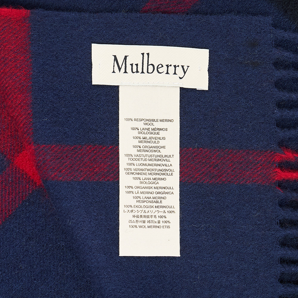 Mulberry Small Check Merino Wool Scarf in navy, red, black, and white plaid with knotted fringe trim and embroidered Mulberry branding