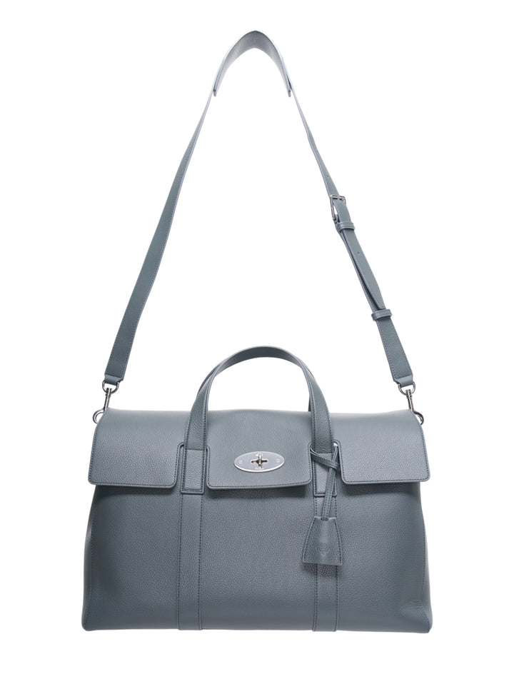 Mulberry Heritage Piccadilly Messenger bag in slate blue pebbled leather with silver-tone postman's lock closure, dual top handles, and adjustable detachable shoulder strap