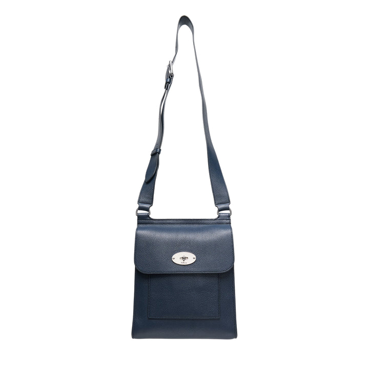 Mulberry Antony Medium Crossbody Bag in navy pebbled leather with silver-tone postman's lock closure and adjustable shoulder strap, photographed on a white background