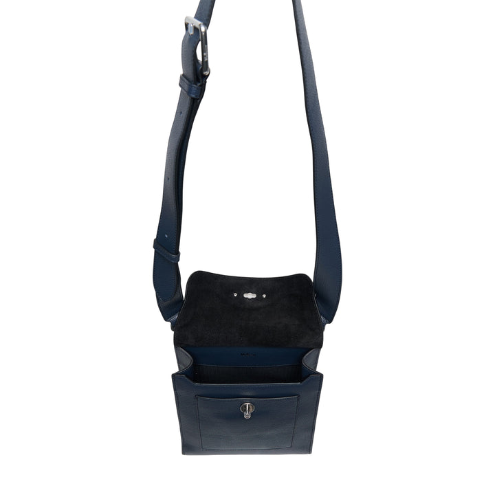 Mulberry Antony Medium Crossbody Bag in navy pebbled leather with silver-tone postman's lock closure and adjustable shoulder strap, photographed on a white background