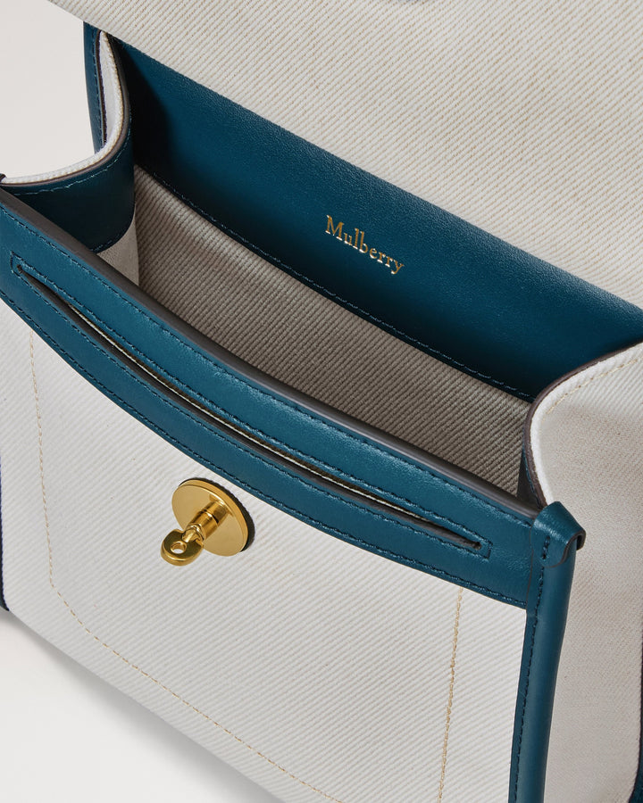 Mulberry Small Antony crossbody bag in natural twill canvas with teal leather trim, brass twist lock and adjustable leather strap - view 5