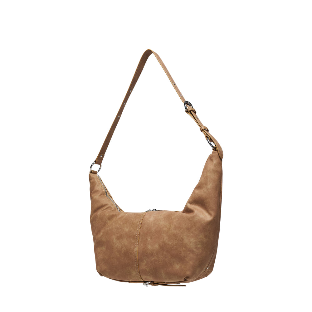 Stand Oil Tickle crescent-shaped shoulder bag in tan suede-effect material with adjustable strap and silver-tone zip closure, front view on white background