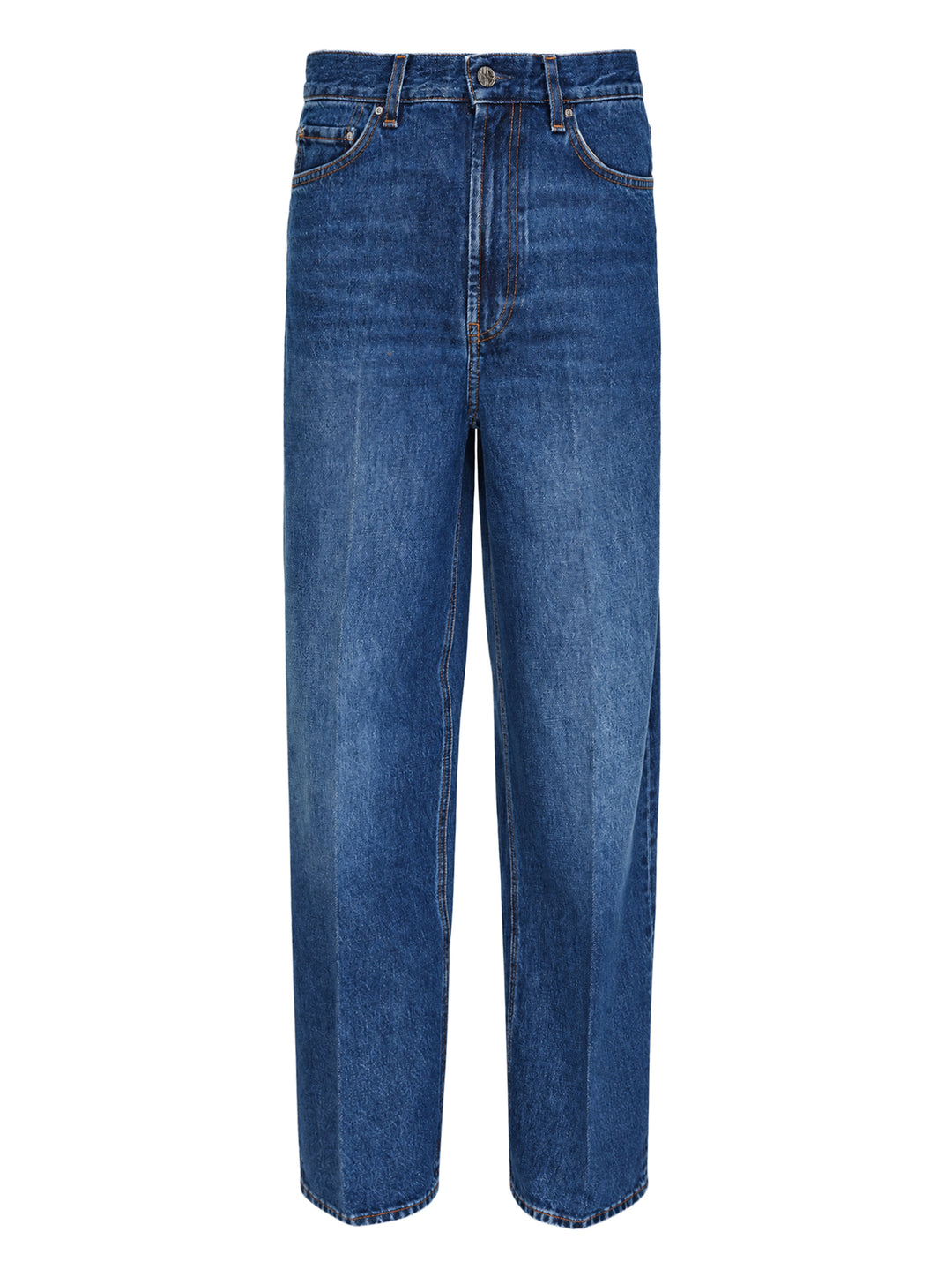 Toteme Wide Leg Jeans in mid-wash blue denim with a high-rise waist, contrast orange stitching, and a relaxed wide leg silhouette