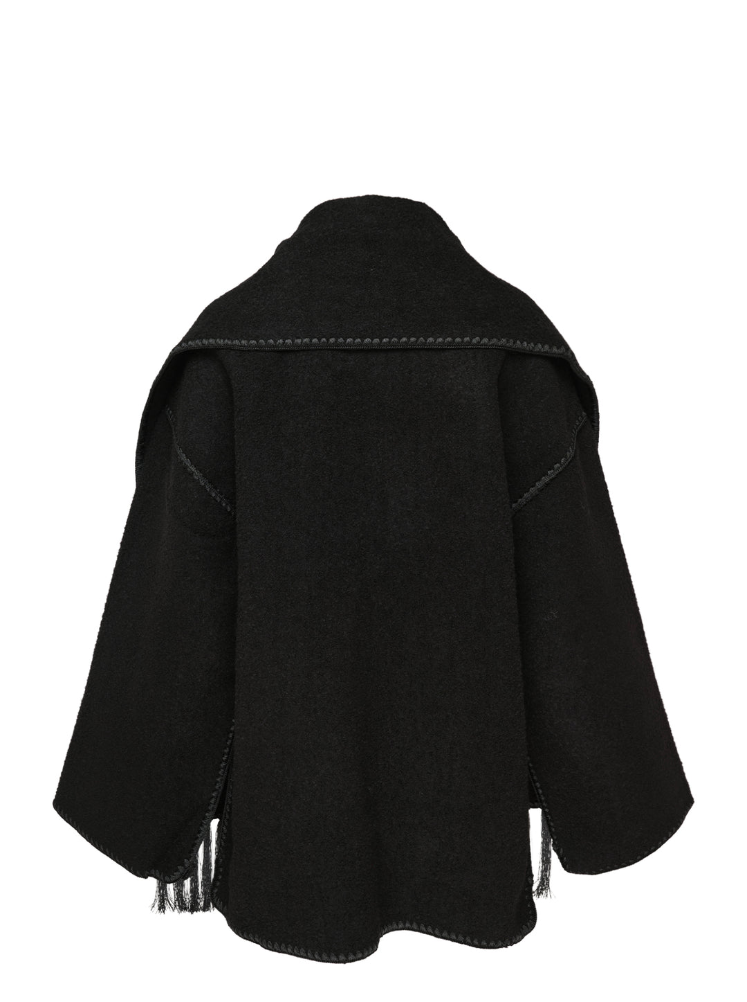 Toteme Embroidered Scarf Jacket in black wool with tonal whipstitch trim, snap-button placket, patch pocket, and long fringe tassel hem — flat lay on white background - view 2