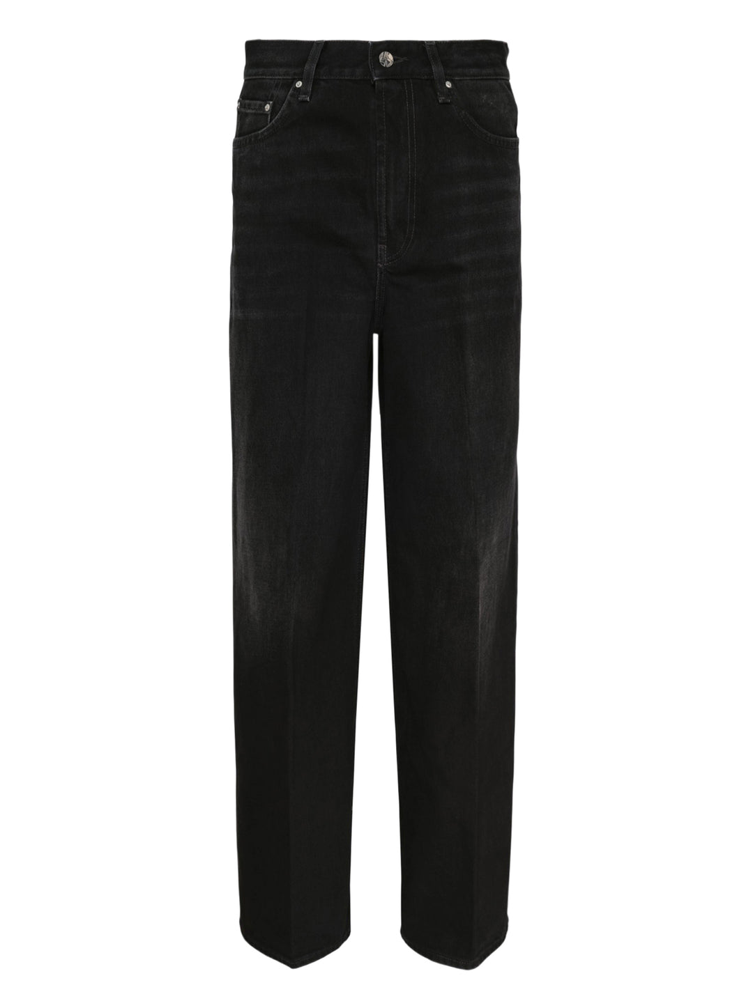 Totême Wide Leg Jeans in washed black denim with a high-rise waistband, five-pocket design, and relaxed wide-leg silhouette