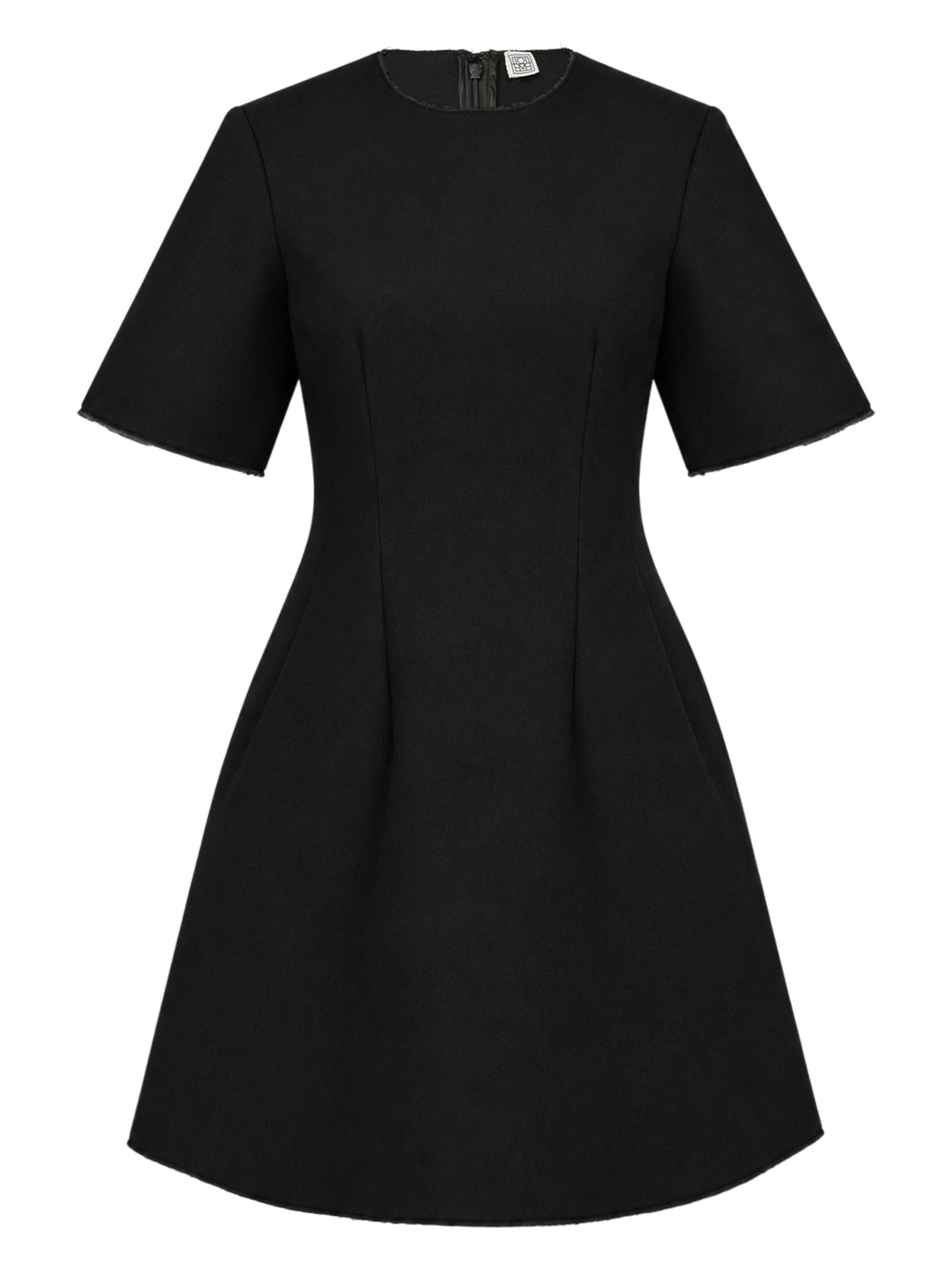 Totême Sculptural Short Dress in black — A-line silhouette with structured vertical seaming, short sleeves with frayed trim, and concealed back zip closure