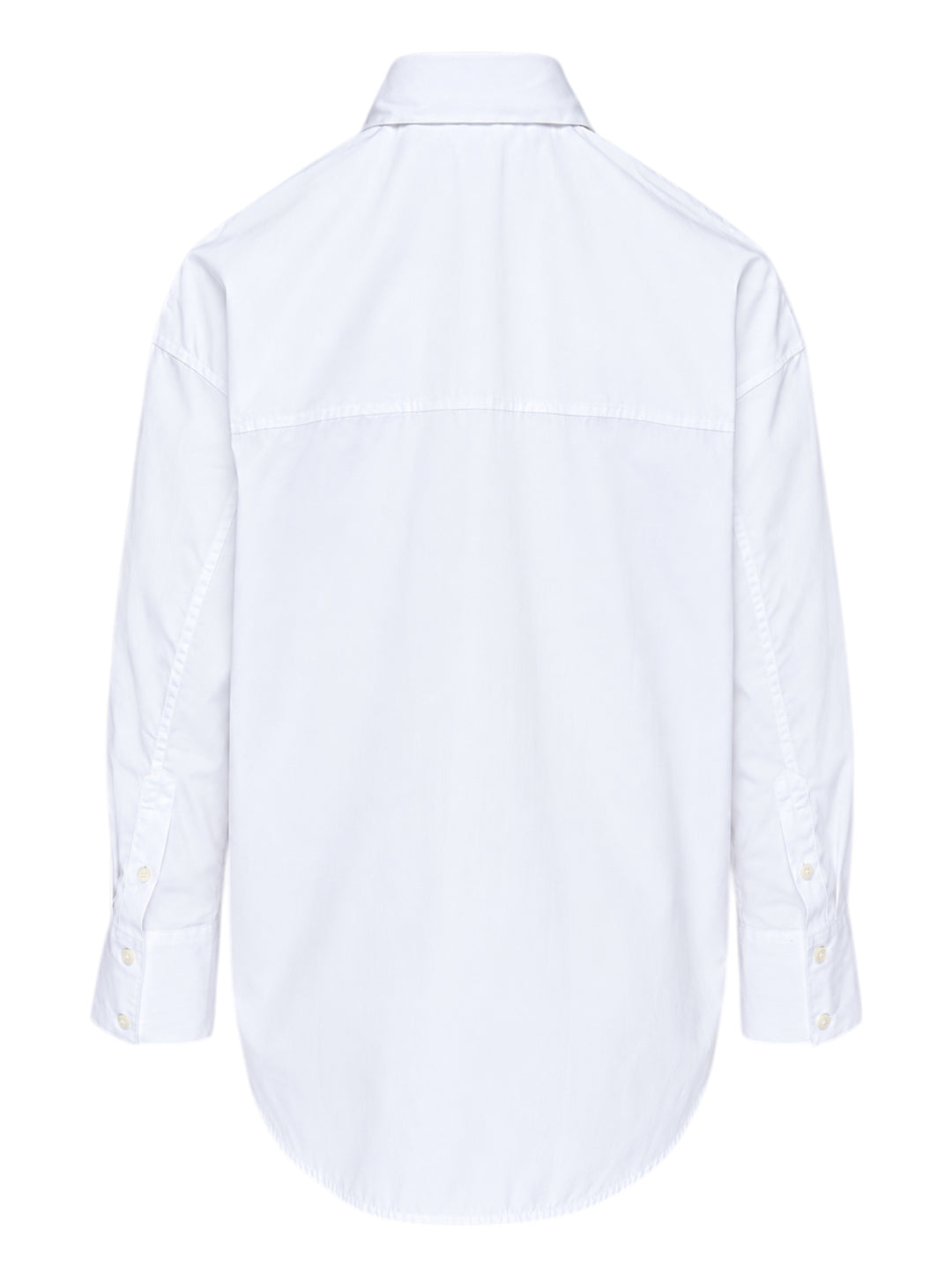Totême Boxy Poplin Shirt in white, featuring a pointed collar with woven monogram label, full button fastening, long sleeves with barrel cuffs, and a relaxed oversized silhouette - view 2