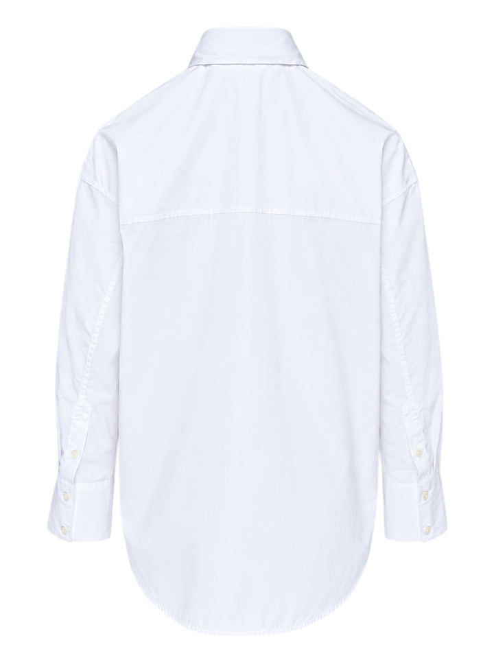 Totême Boxy Poplin Shirt in white, featuring a pointed collar with woven monogram label, full button fastening, long sleeves with barrel cuffs, and a relaxed oversized silhouette - view 2