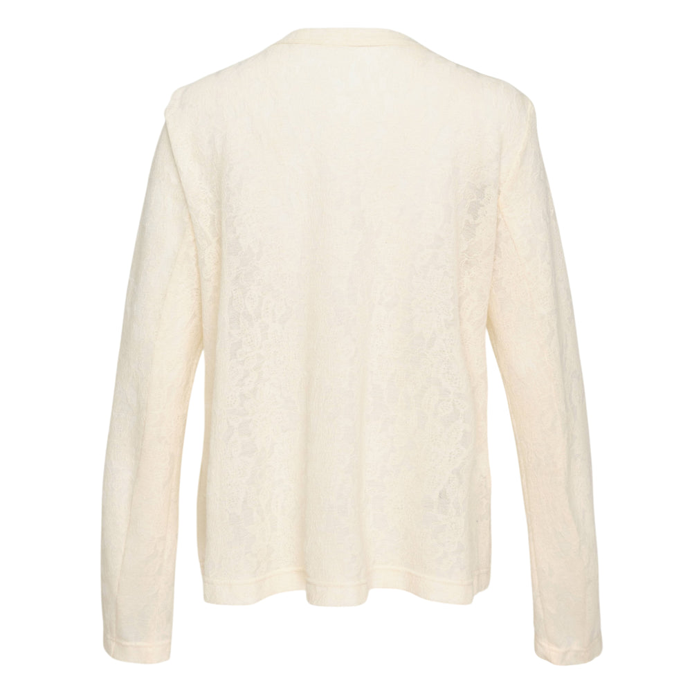 Renli Su Long Sleeve Bow Cardigan in ivory lace-jacquard knit with sculptural ribbon bow appliqués across the chest and gold-tone button fastening